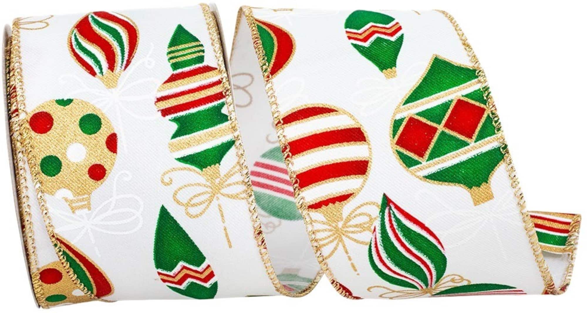 JAM Paper 2.5" x 10yd. White Christmas Ornaments Wired Edge Ribbon